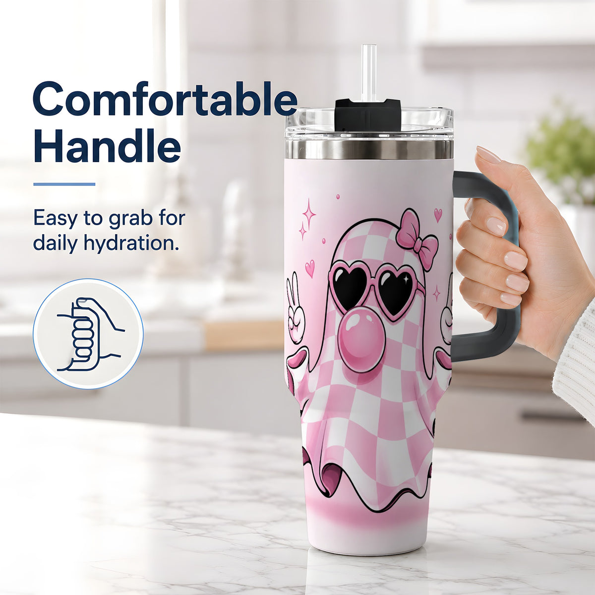 #pl[40oz|Black] Pink Plaid Ghost 40oz Tumbler, Heart Sunglasses Halloween Artwork