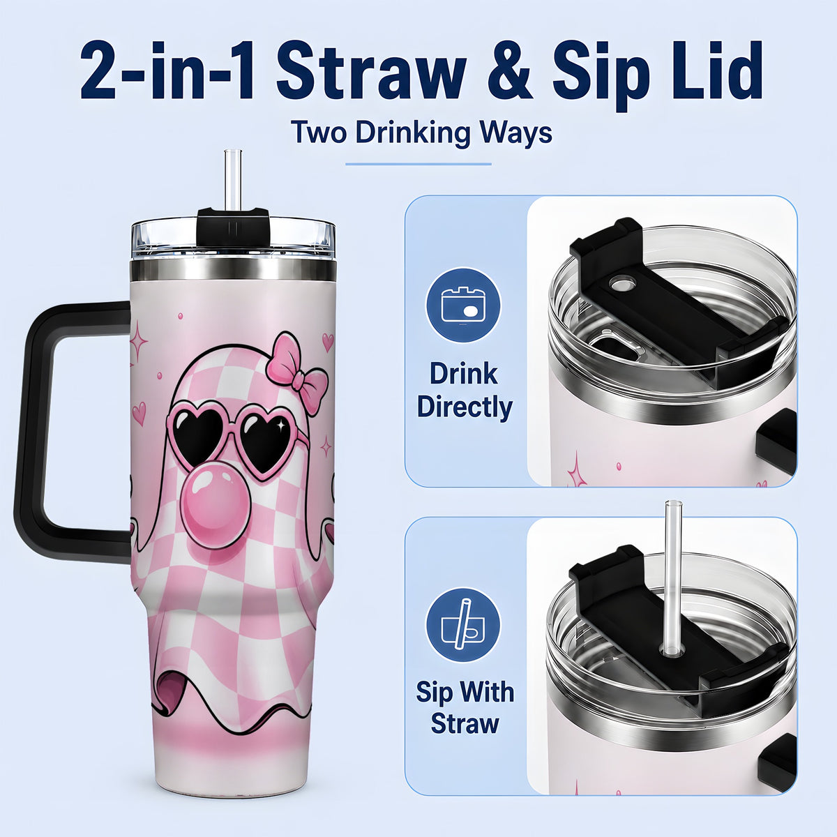 #pl[40oz|Black] Pink Plaid Ghost 40oz Tumbler, Heart Sunglasses Halloween Artwork