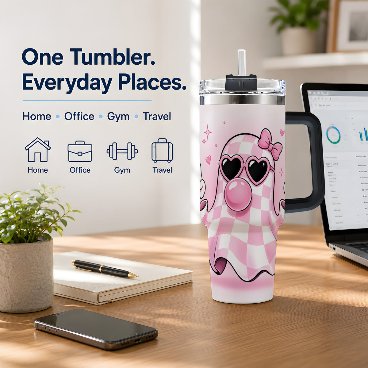 #pl[40oz|Black] Pink Plaid Ghost 40oz Tumbler, Heart Sunglasses Halloween Artwork