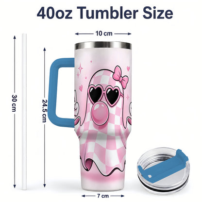 #pl[40oz|Blue] Pink Plaid Ghost 40oz Tumbler, Heart Sunglasses Halloween Artwork