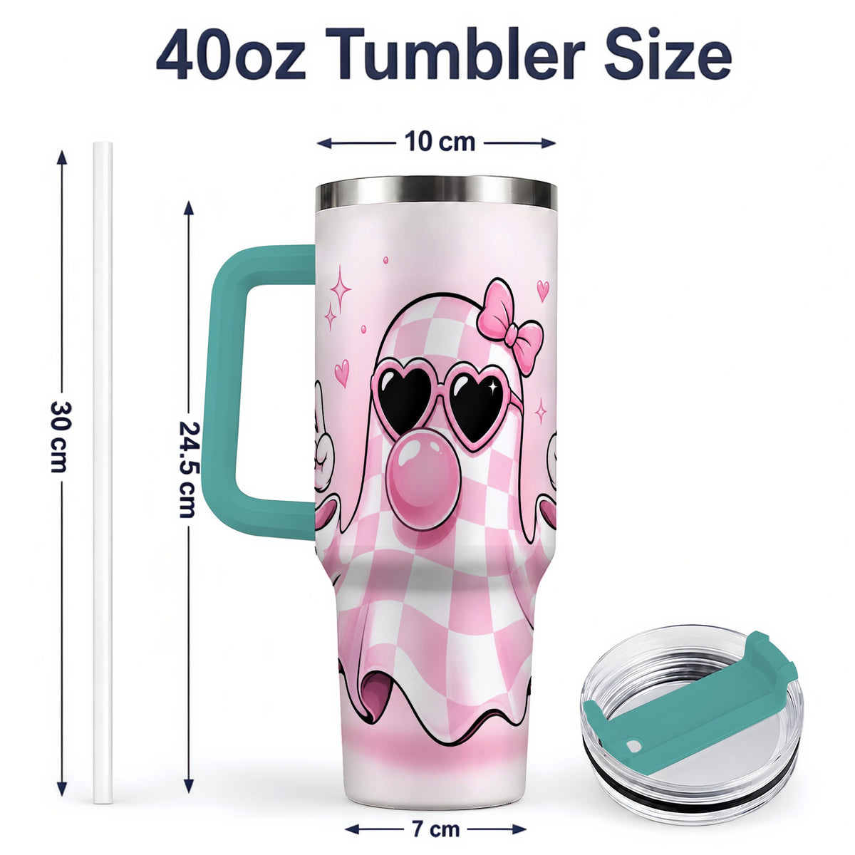 #pl[40oz|Green] Pink Plaid Ghost 40oz Tumbler, Heart Sunglasses Halloween Artwork