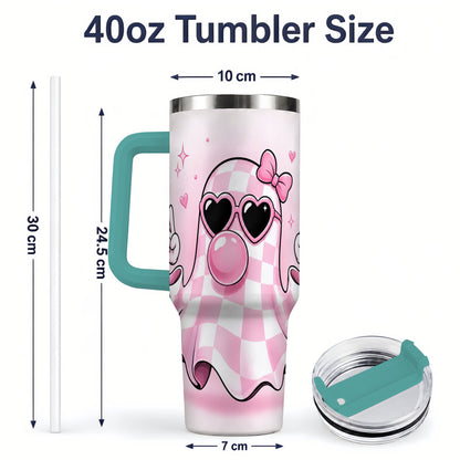#pl[40oz|Green] Pink Plaid Ghost 40oz Tumbler, Heart Sunglasses Halloween Artwork