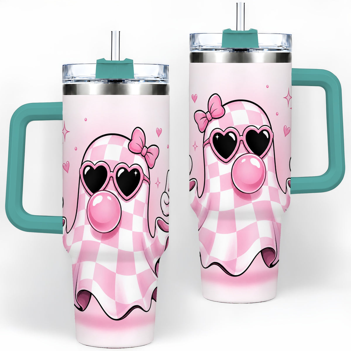 #pl[40oz|Green] Pink Plaid Ghost 40oz Tumbler, Heart Sunglasses Halloween Artwork