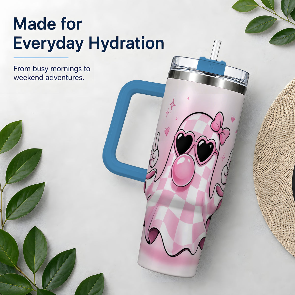 #pl[40oz|Blue] Pink Plaid Ghost 40oz Tumbler, Heart Sunglasses Halloween Artwork