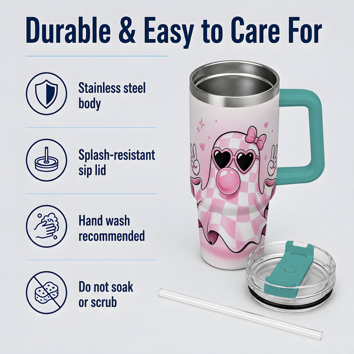 #pl[40oz|Green] Pink Plaid Ghost 40oz Tumbler, Heart Sunglasses Halloween Artwork