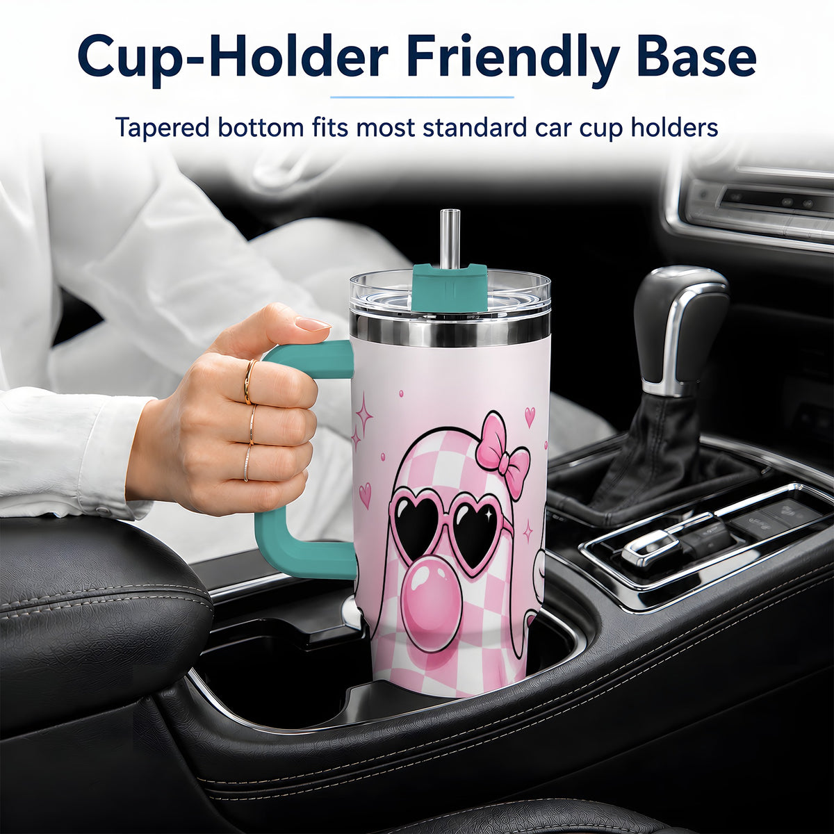 #pl[40oz|Green] Pink Plaid Ghost 40oz Tumbler, Heart Sunglasses Halloween Artwork