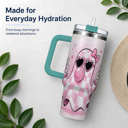 #pl[40oz|Green] Pink Plaid Ghost 40oz Tumbler, Heart Sunglasses Halloween Artwork