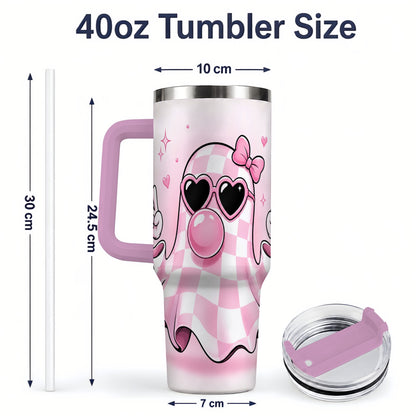 #pl[40oz|Pink] Pink Plaid Ghost 40oz Tumbler, Heart Sunglasses Halloween Artwork