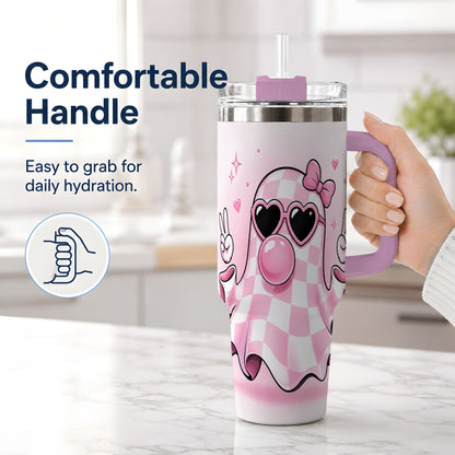 #pl[40oz|Pink] Pink Plaid Ghost 40oz Tumbler, Heart Sunglasses Halloween Artwork
