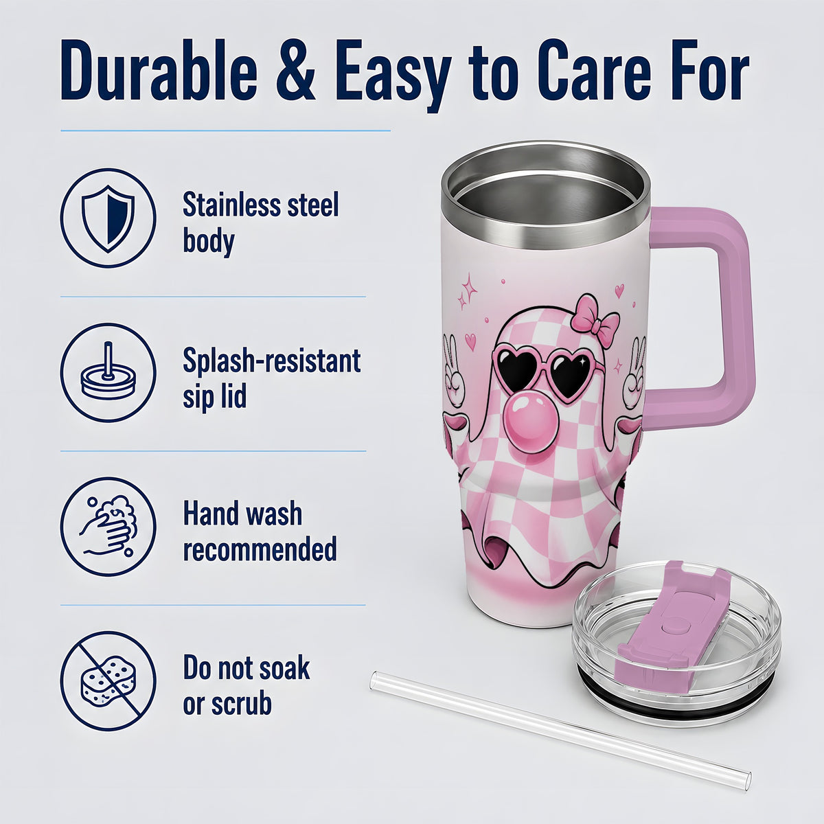 #pl[40oz|Pink] Pink Plaid Ghost 40oz Tumbler, Heart Sunglasses Halloween Artwork