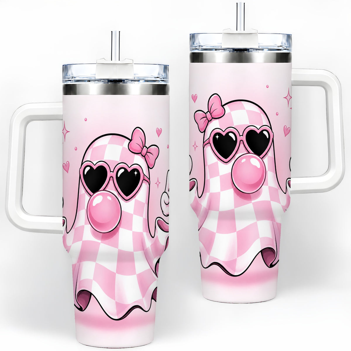 Pink Plaid Ghost 40oz Tumbler, Heart Sunglasses Halloween Artwork