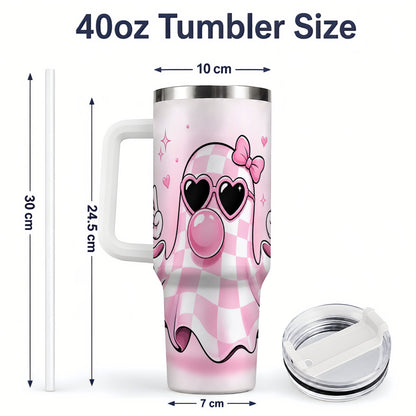 #pl[40oz|White] Pink Plaid Ghost 40oz Tumbler, Heart Sunglasses Halloween Artwork