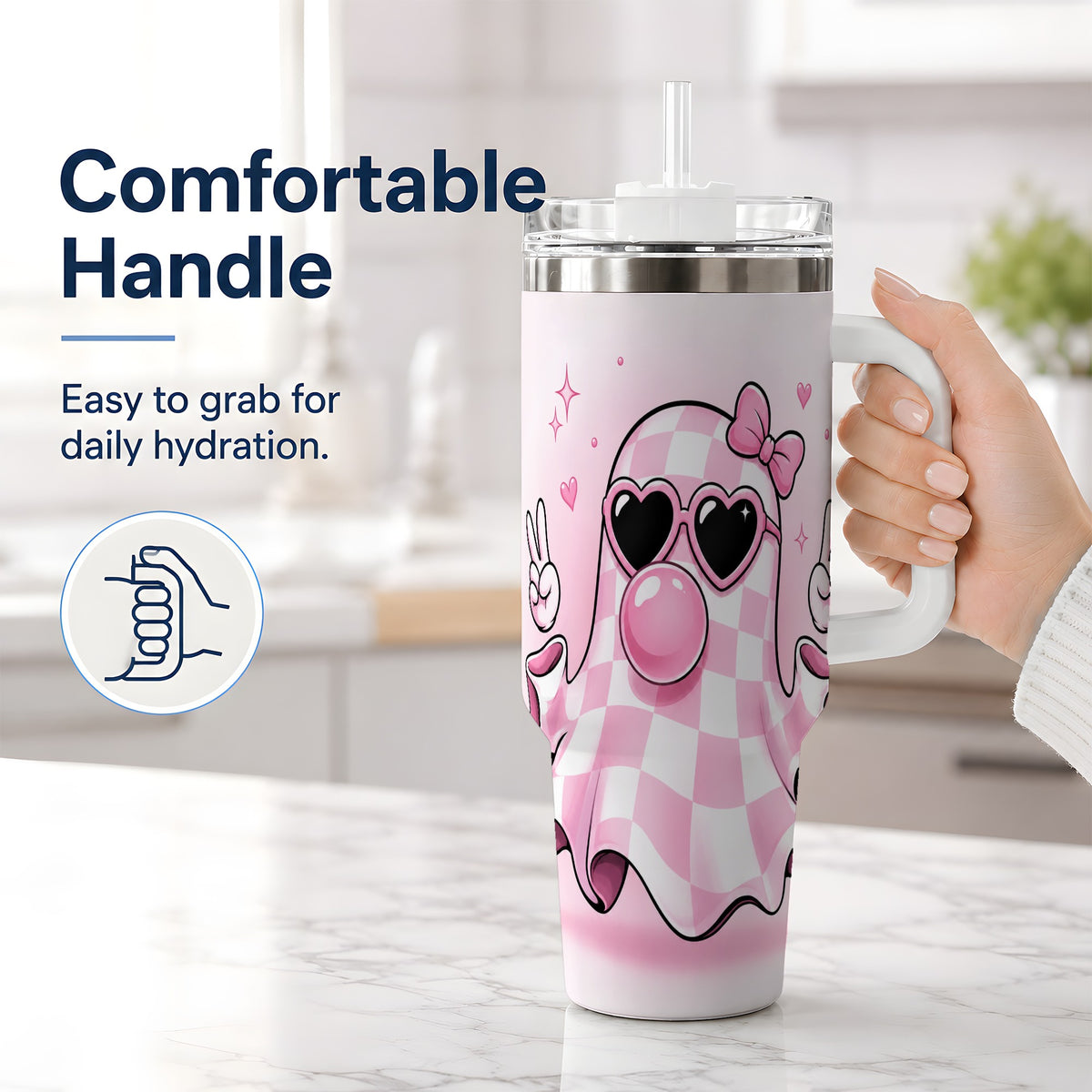 #pl[40oz|White] Pink Plaid Ghost 40oz Tumbler, Heart Sunglasses Halloween Artwork