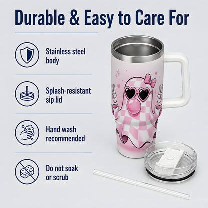 #pl[40oz|White] Pink Plaid Ghost 40oz Tumbler, Heart Sunglasses Halloween Artwork