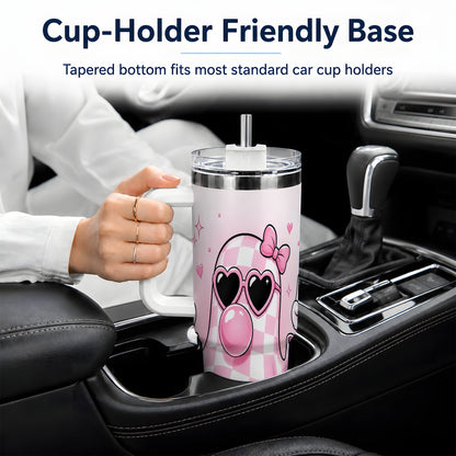 #pl[40oz|White] Pink Plaid Ghost 40oz Tumbler, Heart Sunglasses Halloween Artwork