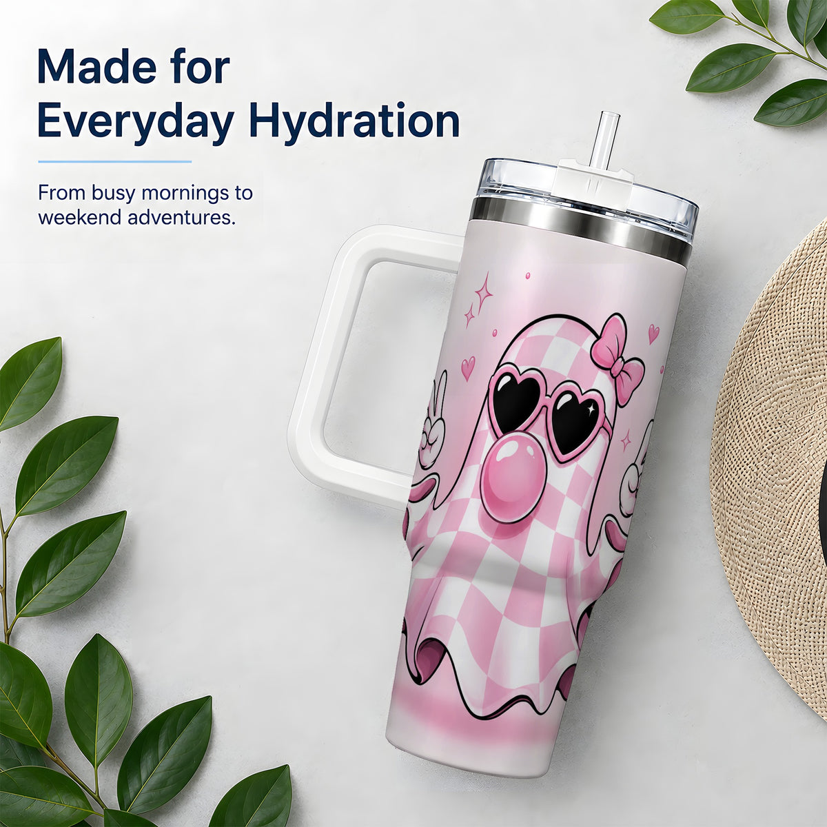 #pl[40oz|White] Pink Plaid Ghost 40oz Tumbler, Heart Sunglasses Halloween Artwork