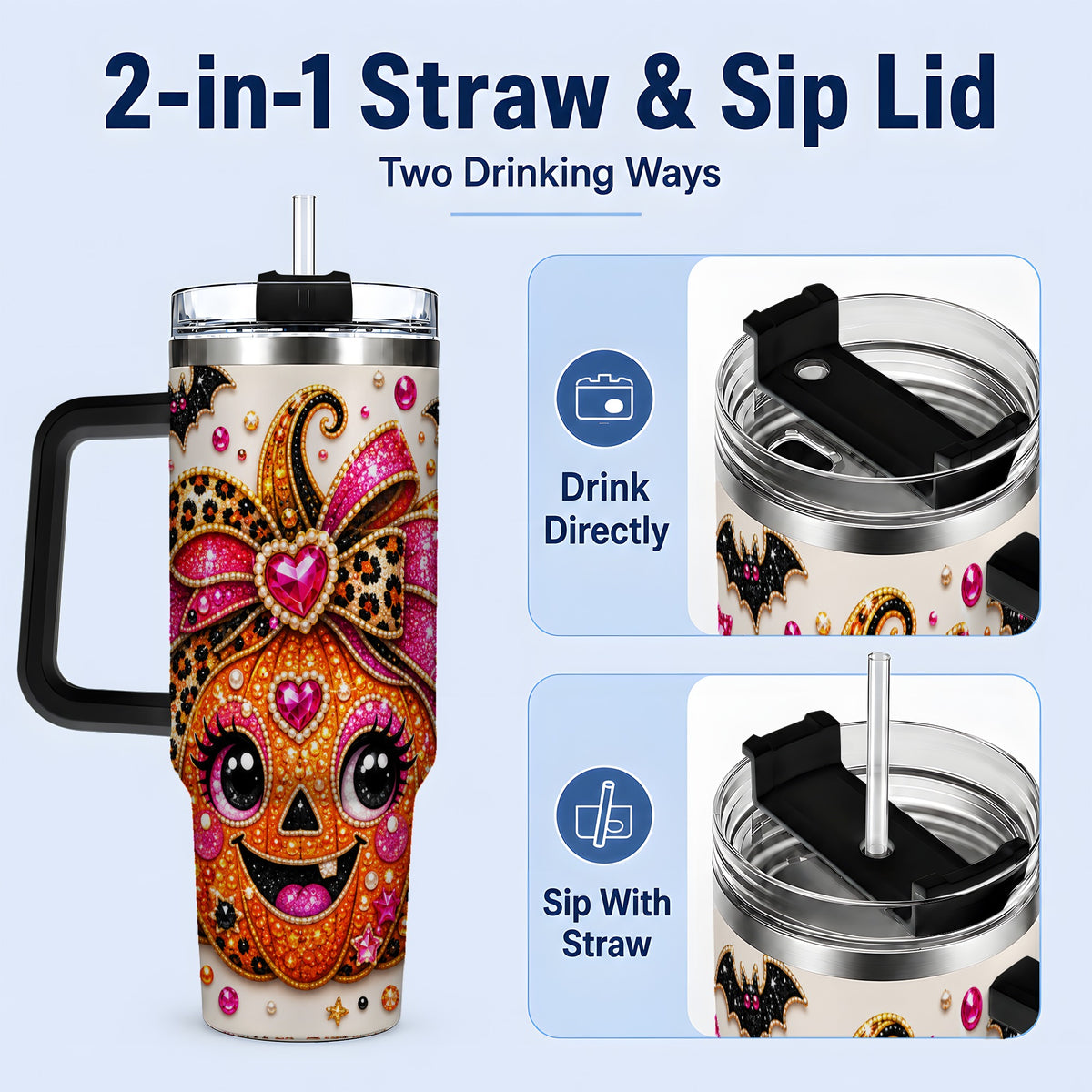 #pl[40oz|Black] Pink Bow Jack O Lantern 40oz Tumbler, Halloween Bat Candy Artwork