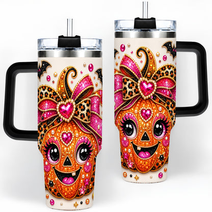 #pl[40oz|Black] Pink Bow Jack O Lantern 40oz Tumbler, Halloween Bat Candy Artwork