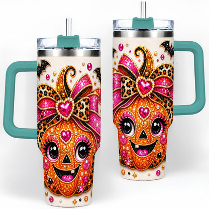 #pl[40oz|Green] Pink Bow Jack O Lantern 40oz Tumbler, Halloween Bat Candy Artwork