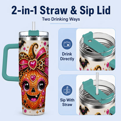 #pl[40oz|Green] Pink Bow Jack O Lantern 40oz Tumbler, Halloween Bat Candy Artwork