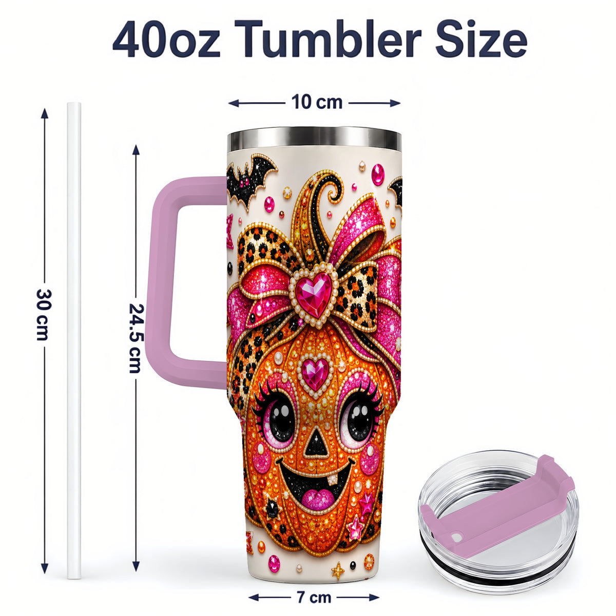 #pl[40oz|Pink] Pink Bow Jack O Lantern 40oz Tumbler, Halloween Bat Candy Artwork