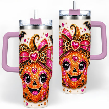 #pl[40oz|Pink] Pink Bow Jack O Lantern 40oz Tumbler, Halloween Bat Candy Artwork