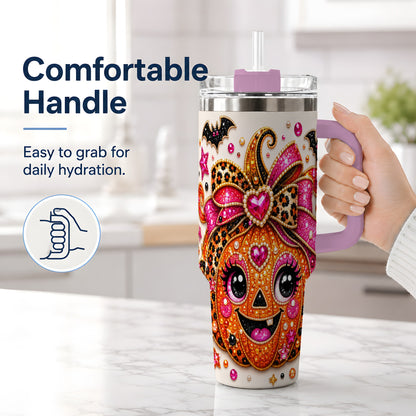 #pl[40oz|Pink] Pink Bow Jack O Lantern 40oz Tumbler, Halloween Bat Candy Artwork