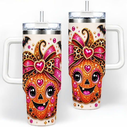 Pink Bow Jack O Lantern 40oz Tumbler, Halloween Bat Candy Artwork
