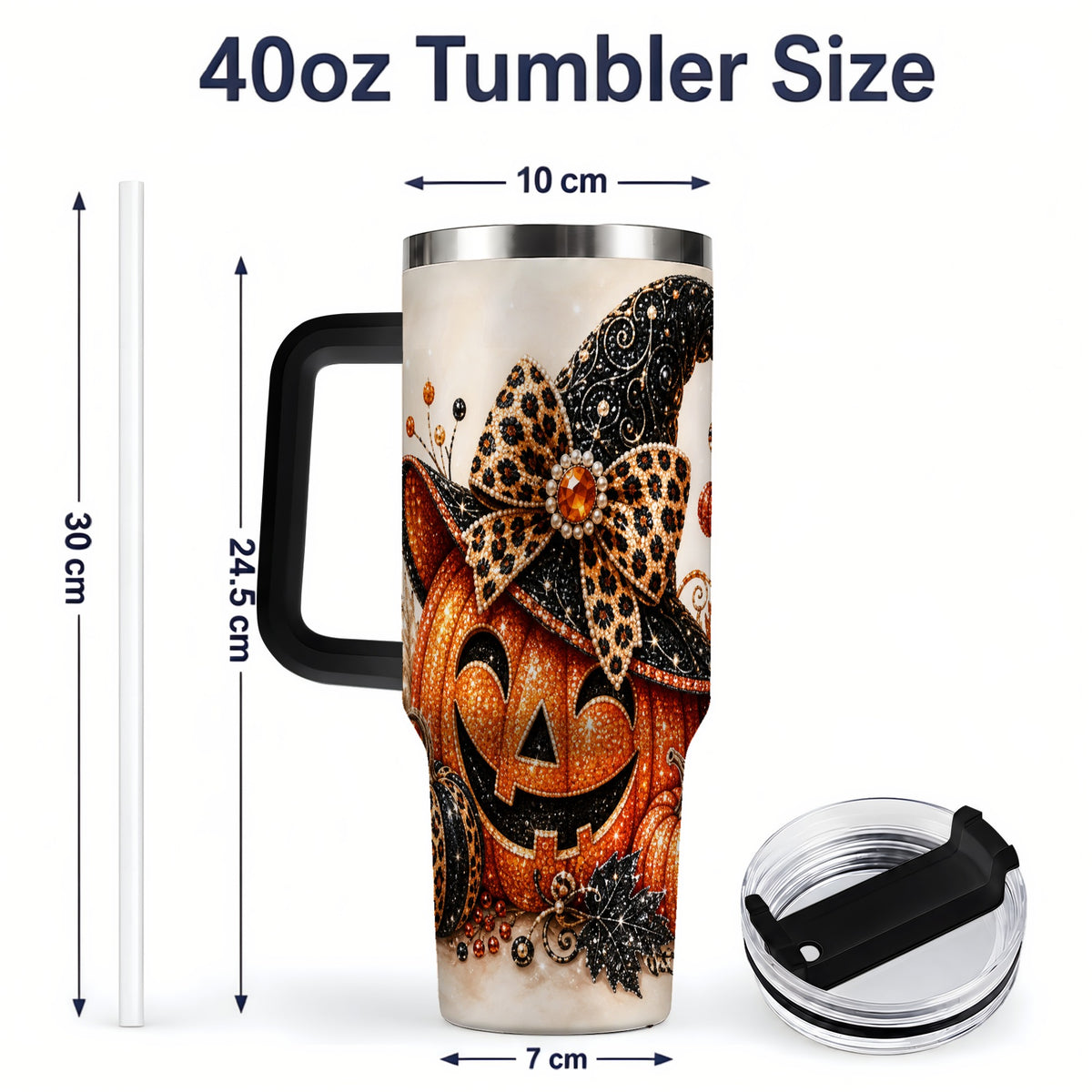#pl[40oz|Black] Witch Hat Jack O Lantern 40oz Tumbler, Leopard Bow Halloween Artwork