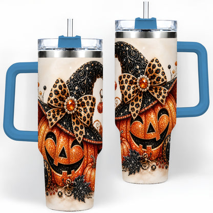 #pl[40oz|Blue] Witch Hat Jack O Lantern 40oz Tumbler, Leopard Bow Halloween Artwork