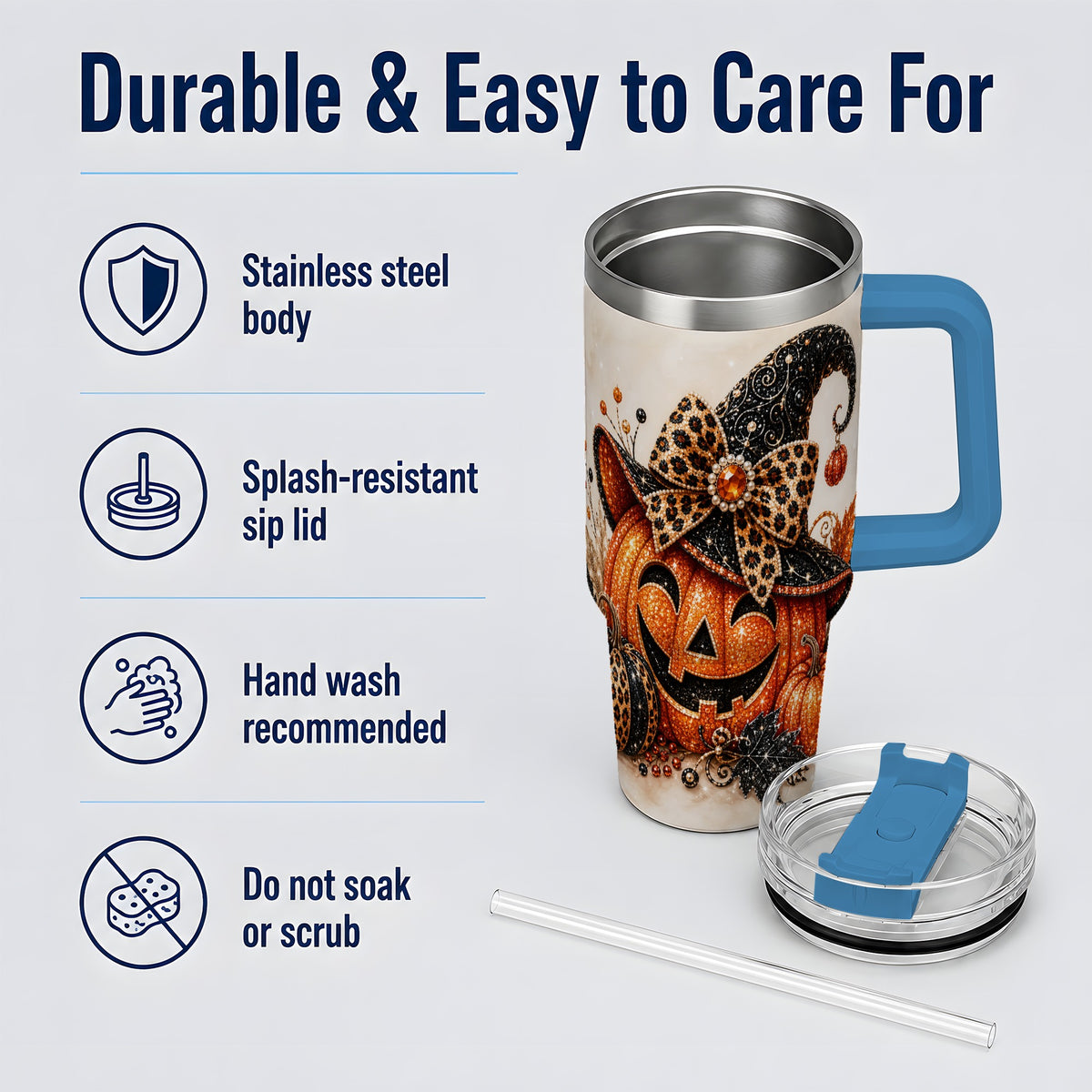 #pl[40oz|Blue] Witch Hat Jack O Lantern 40oz Tumbler, Leopard Bow Halloween Artwork