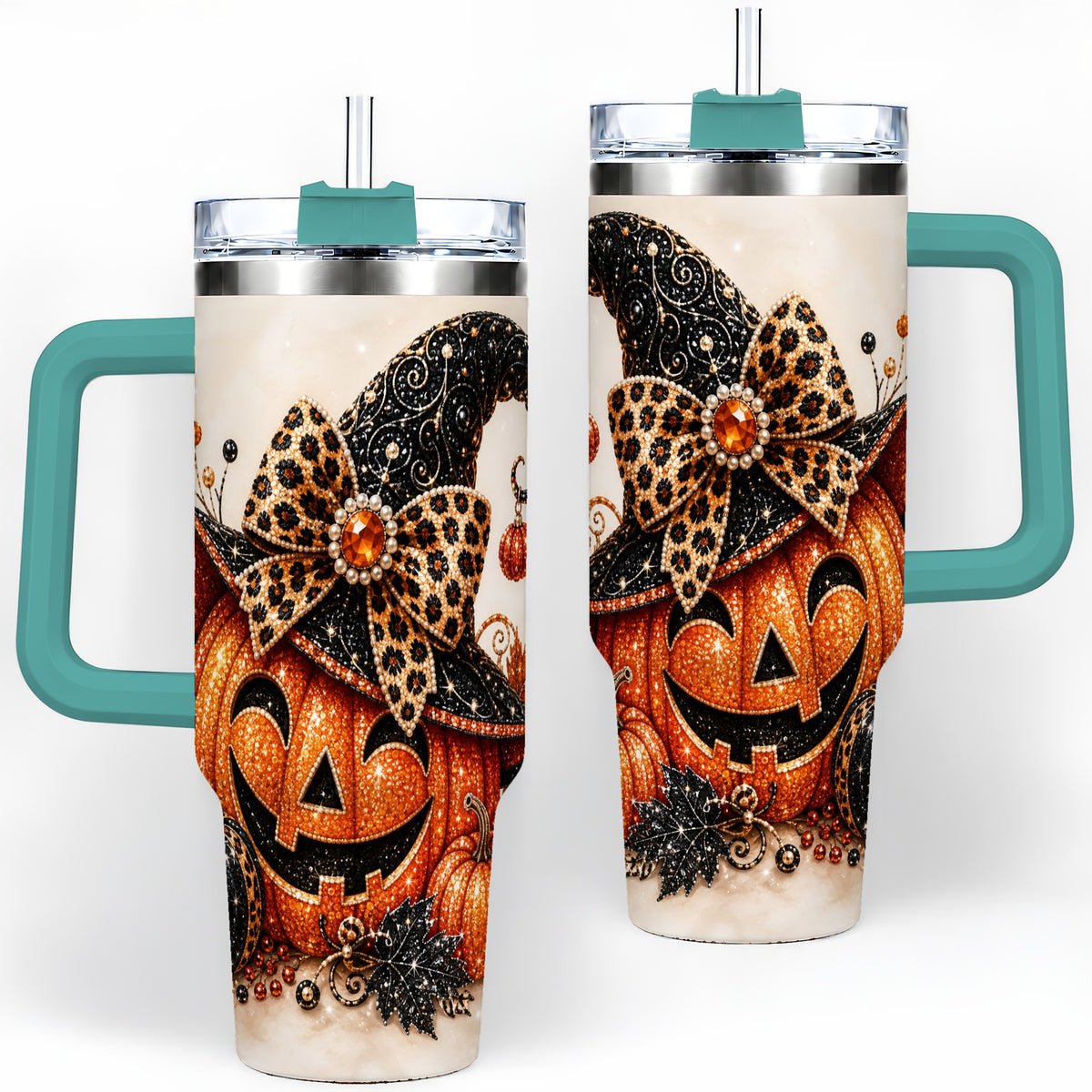 #pl[40oz|Green] Witch Hat Jack O Lantern 40oz Tumbler, Leopard Bow Halloween Artwork