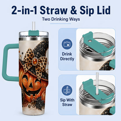 #pl[40oz|Green] Witch Hat Jack O Lantern 40oz Tumbler, Leopard Bow Halloween Artwork