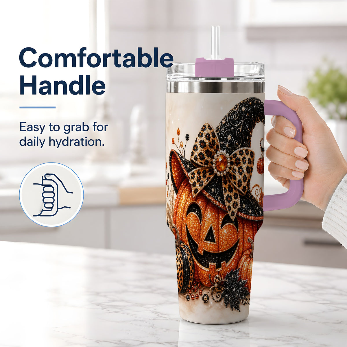 #pl[40oz|Pink] Witch Hat Jack O Lantern 40oz Tumbler, Leopard Bow Halloween Artwork
