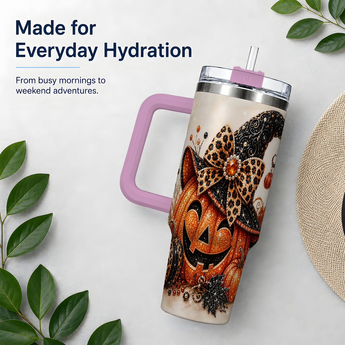 #pl[40oz|Pink] Witch Hat Jack O Lantern 40oz Tumbler, Leopard Bow Halloween Artwork