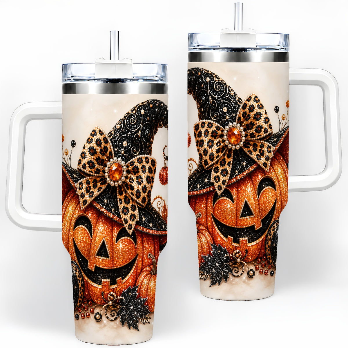 Witch Hat Jack O Lantern 40oz Tumbler, Leopard Bow Halloween Artwork