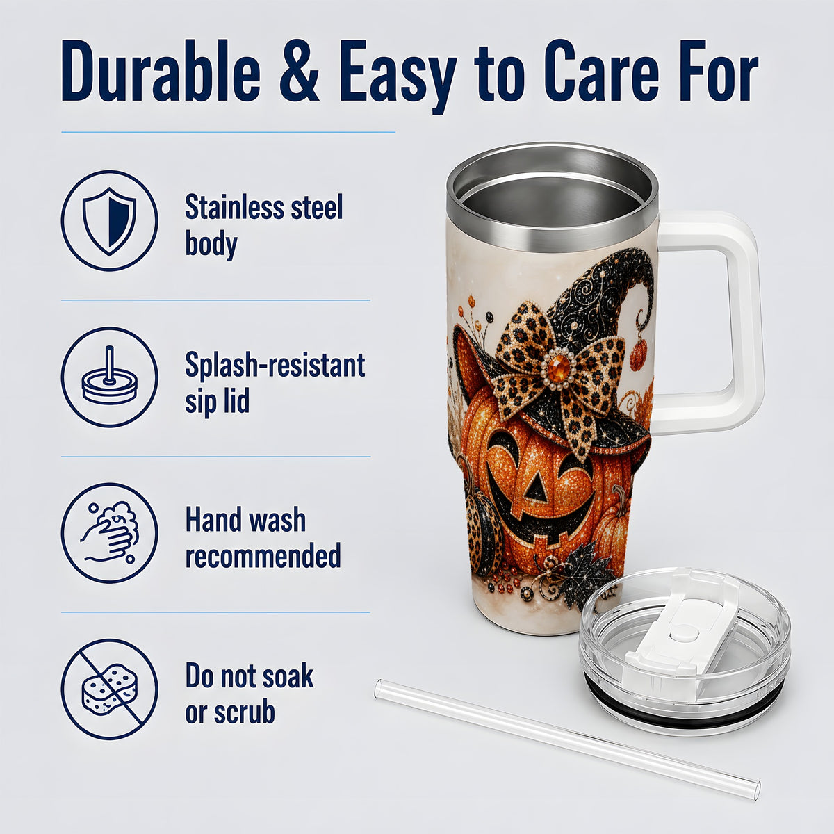 #pl[40oz|White] Witch Hat Jack O Lantern 40oz Tumbler, Leopard Bow Halloween Artwork