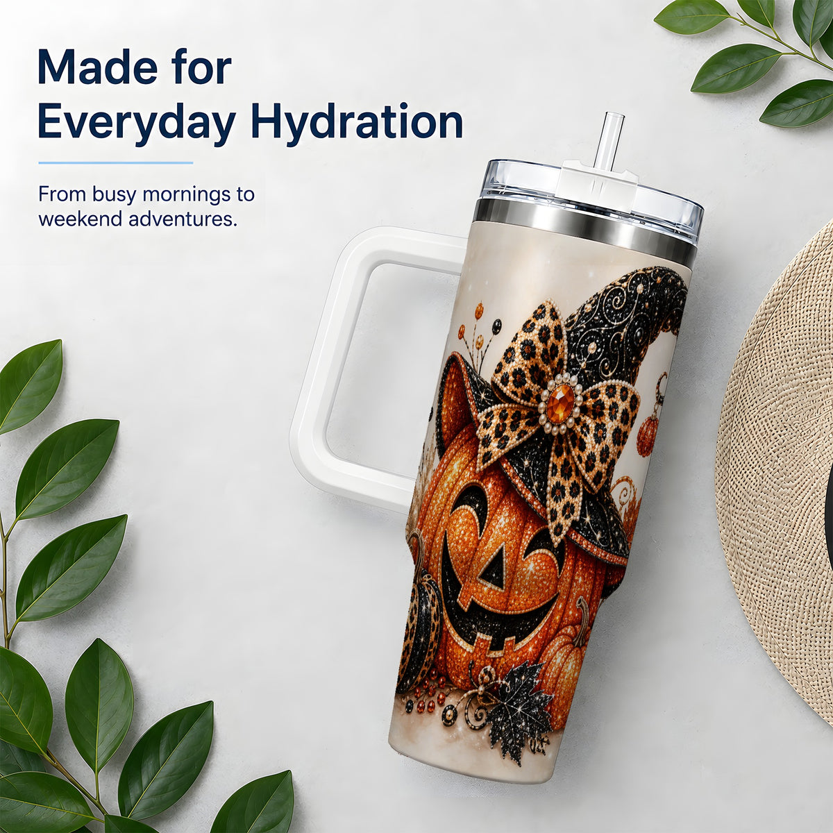 #pl[40oz|White] Witch Hat Jack O Lantern 40oz Tumbler, Leopard Bow Halloween Artwork
