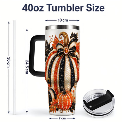 #pl[40oz|Black] Orange Black Pumpkin Fall 40oz Tumbler, Striped Bow Autumn Artwork