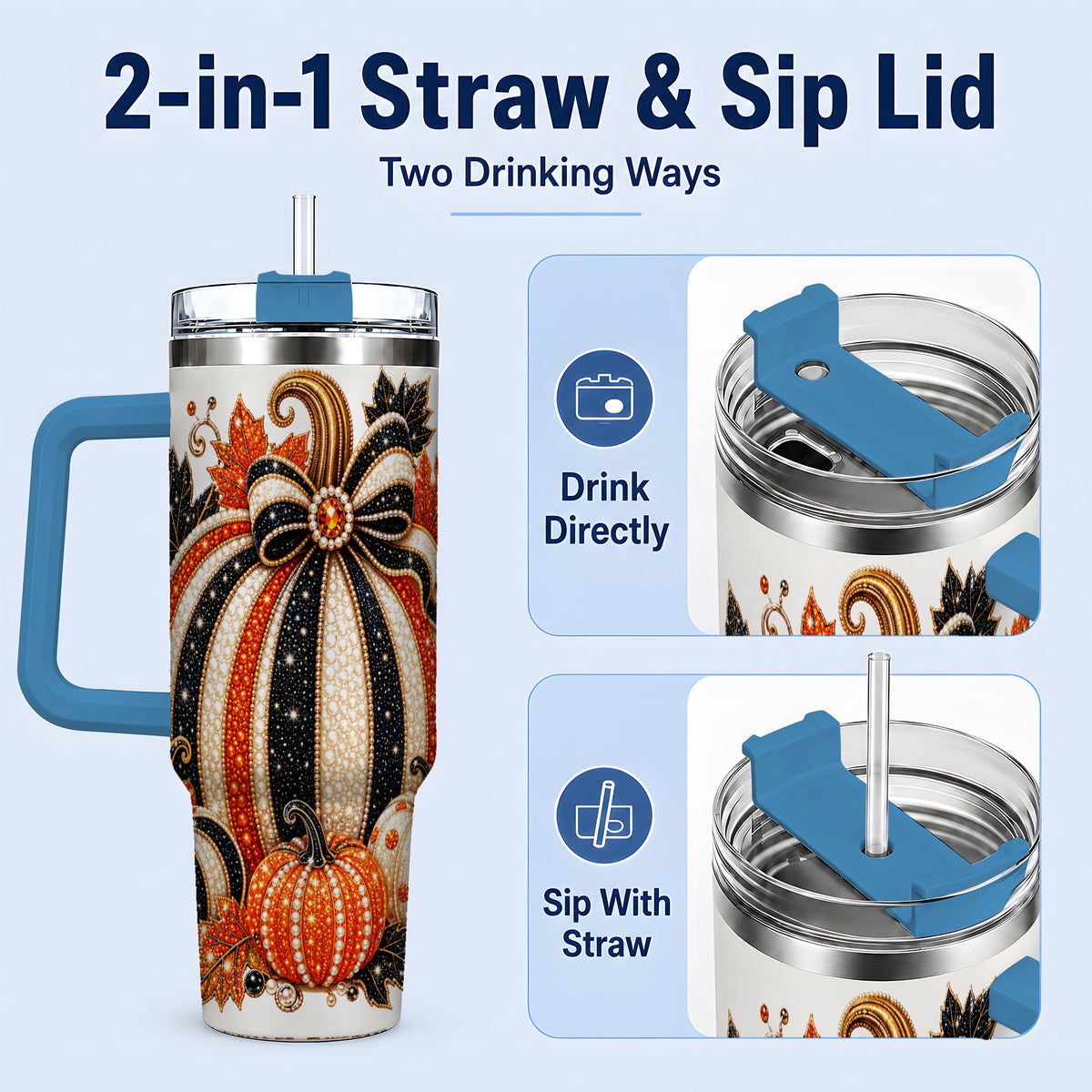 #pl[40oz|Blue] Orange Black Pumpkin Fall 40oz Tumbler, Striped Bow Autumn Artwork