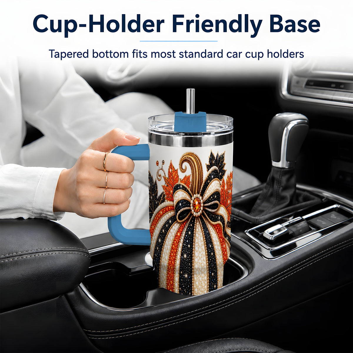 #pl[40oz|Blue] Orange Black Pumpkin Fall 40oz Tumbler, Striped Bow Autumn Artwork