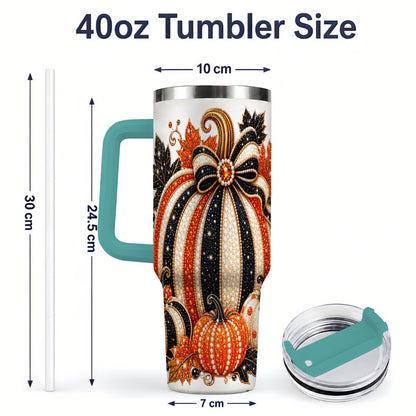 #pl[40oz|Green] Orange Black Pumpkin Fall 40oz Tumbler, Striped Bow Autumn Artwork