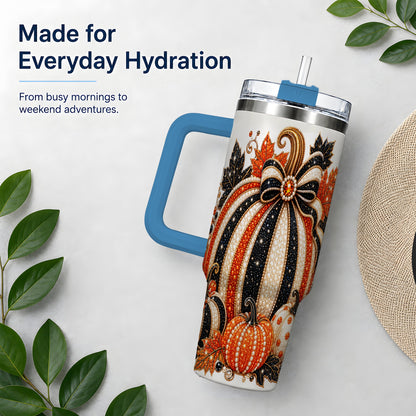 #pl[40oz|Blue] Orange Black Pumpkin Fall 40oz Tumbler, Striped Bow Autumn Artwork