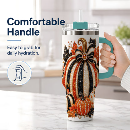 #pl[40oz|Green] Orange Black Pumpkin Fall 40oz Tumbler, Striped Bow Autumn Artwork
