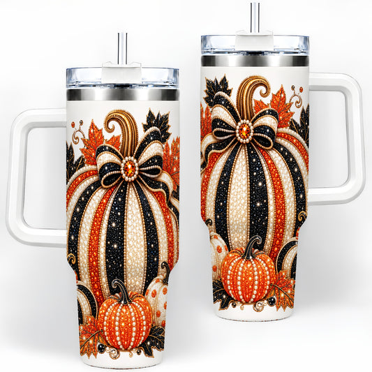 Orange Black Pumpkin Fall 40oz Tumbler, Striped Bow Autumn Artwork