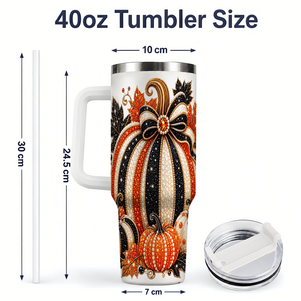 #pl[40oz|White] Orange Black Pumpkin Fall 40oz Tumbler, Striped Bow Autumn Artwork