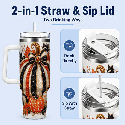 #pl[40oz|White] Orange Black Pumpkin Fall 40oz Tumbler, Striped Bow Autumn Artwork