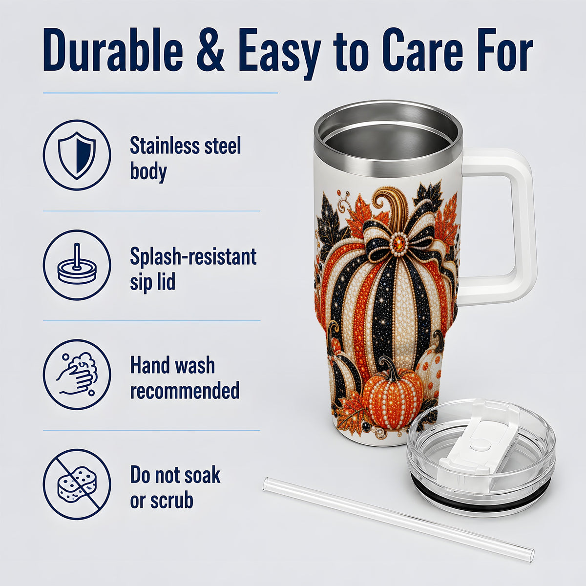 #pl[40oz|White] Orange Black Pumpkin Fall 40oz Tumbler, Striped Bow Autumn Artwork