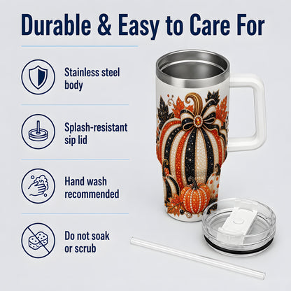 #pl[40oz|White] Orange Black Pumpkin Fall 40oz Tumbler, Striped Bow Autumn Artwork