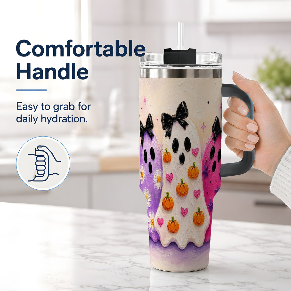 #pl[40oz|Black] Cute Ghost Trio 40oz Tumbler, Halloween Artwork for Spooky Season Fans